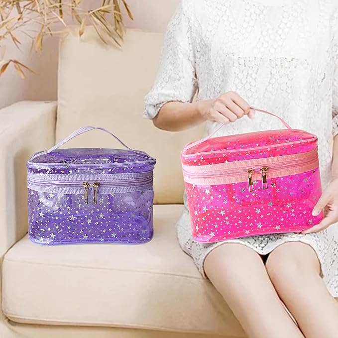 Star Print Green PVC Makeup Bag with Handle - 8.66 * 5.51 * 5.51 inch,Clear Storage Bag Toiletry Pocket Portable Zippered Pouch Waterproof Cosmetic Organizer Bags for Women (Green-L)