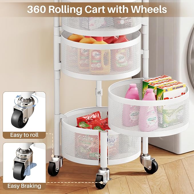 Rolling Drawer Storage Cart with 360° Rotating Open-Drawer Design, 5-Tier Metal Utility Cart with Round Storage Drawer for Kitchen, Bathroom, Laundry Room (White)