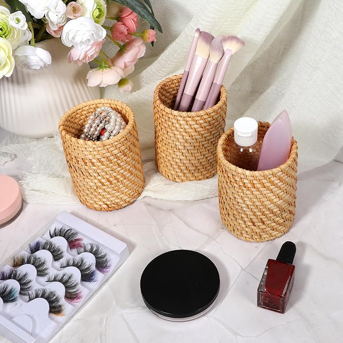 3 Pcs Rattan Pencil Holder, Handmade Pen Cup Durable Cylinder Makeup Brush Holder Multi-Functional Woven Vine Desk Organizer for Office, Home, Kitchen, Desktop