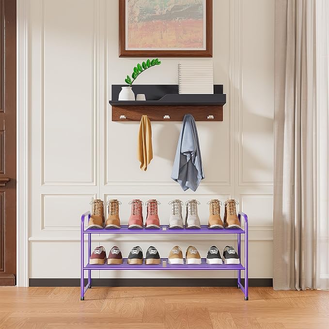2 Pack Shoe Rack, 2-Tier Metal Stackable Shoe Shelf Storage Organizer, Heavy Duty Wire Shoe Stand for Entryway, Closet, Hallway, Holds 50 LBS, Purple