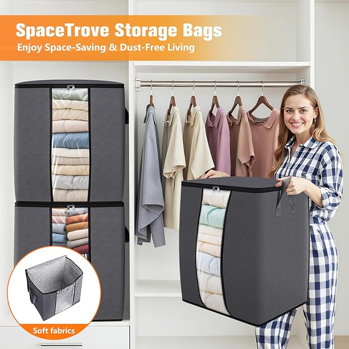 SpaceTrove Clothes Storage Bags, 6-Pack Comforter Blanket Organizers, 80L Large Capacity Containers with Visual Window for Clothing, Quilt, Sheet, Pillow, Closet Organization for Bedding (Grey)