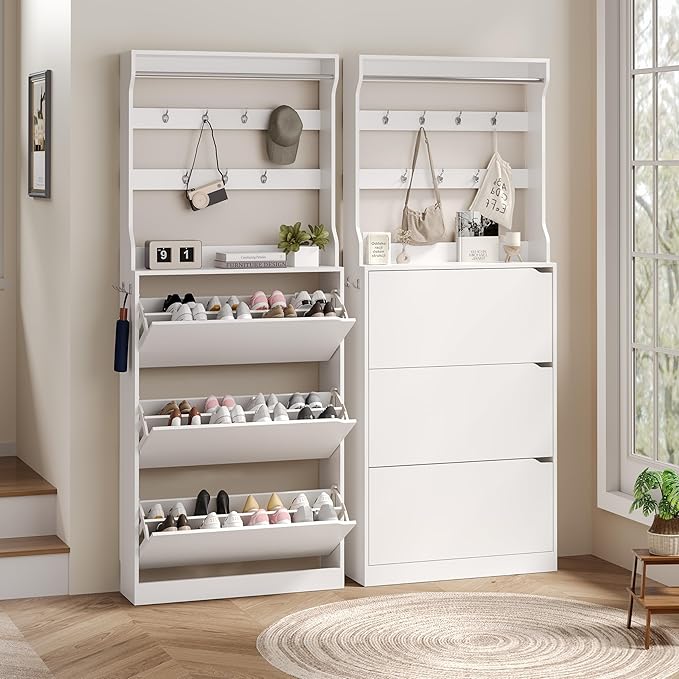Wodeer Tall Shoe Cabinet with Coat Rack, Hidden Shoe Storage Cabinet with Doors & Drawer, Hanging Bar & Hooks, Slim Narrow Freestanding Shoe Rack Organizer for Entryway, Hallway & Living Room, White