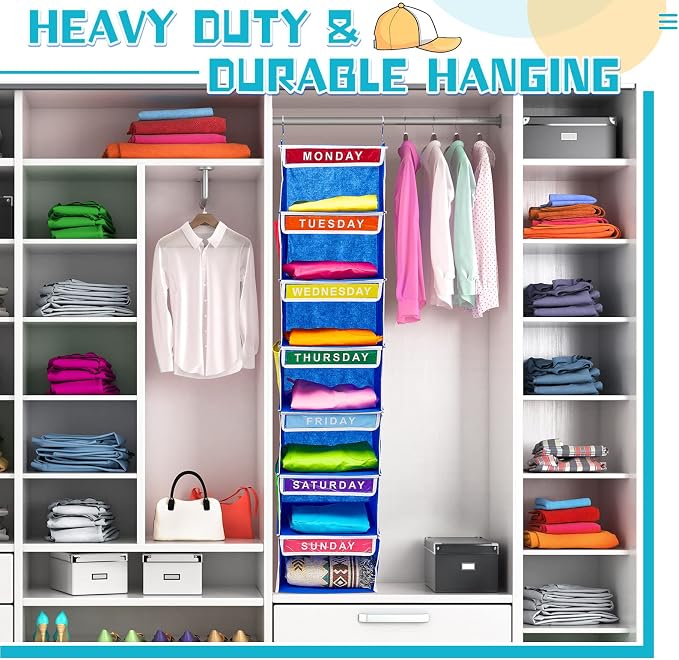Amylove 2 Pcs 7 Shelf Weekly Clothes Organizer for Kids Hanging Closet Organizer 11. 8 x 11. 8 x 50 Inches Daily Activity Kids Clothes Storage Drawers Cube Drawers Closet Hanging Shelves(Blue)