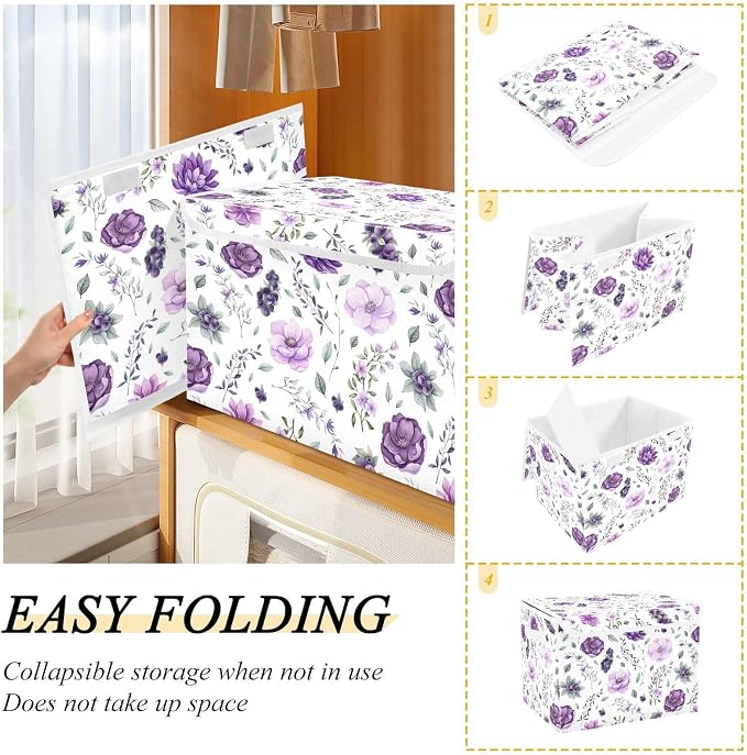 CaTaKu Large Fabric Storage Bins With Lids, Watercolor Purple Floral Storage Boxes With Handles for Organizing Clothes, Collapsible Storage Cube Bins Baskets for Shelves