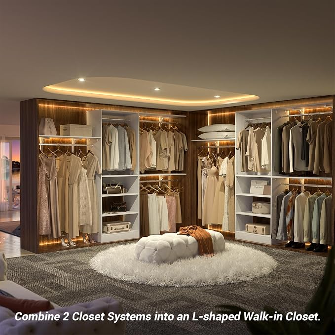 8FT Closet System with 3 Wooden Storage Shelves, 96'' Closet Organizer System with 3 Hanging Rods, Wall Mount Bedroom Wardrobe Walk-in Closet, Adjustable Garment Rack from 5 to 8FT (Cut to Fit), White