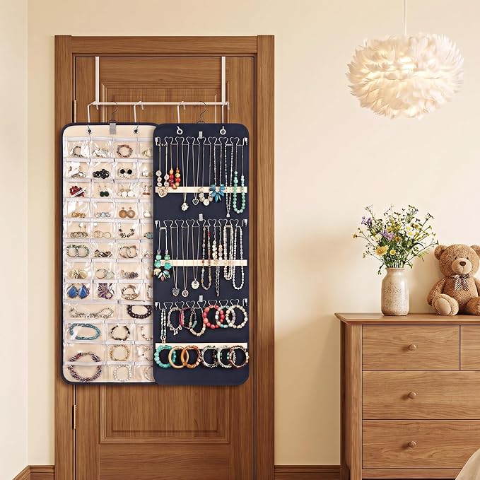 Hanging Jewelry Organizer, Double-Sided Necklace Holder with 43 Clear Pockets & 21 Hooks Jewelry Storage Roll with Hanger for Earrings, Necklaces, Rings on Closet, Wall, Door (33.1 x 14.2 Inch)
