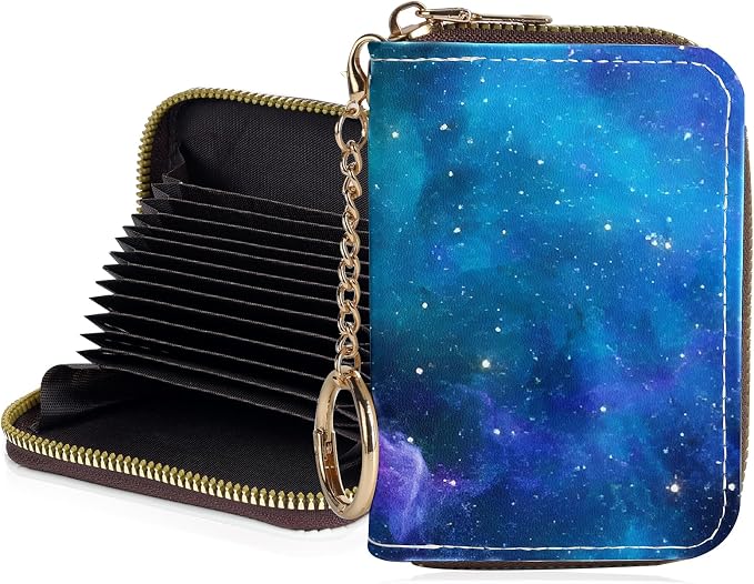 Credit Card Holder for Women,Small Rfid Wallet with Keychain Zipper,Cute PU Leather Card Case Wallet，Accordion Credit Card Wallets Gift,Blue Starry Sky C