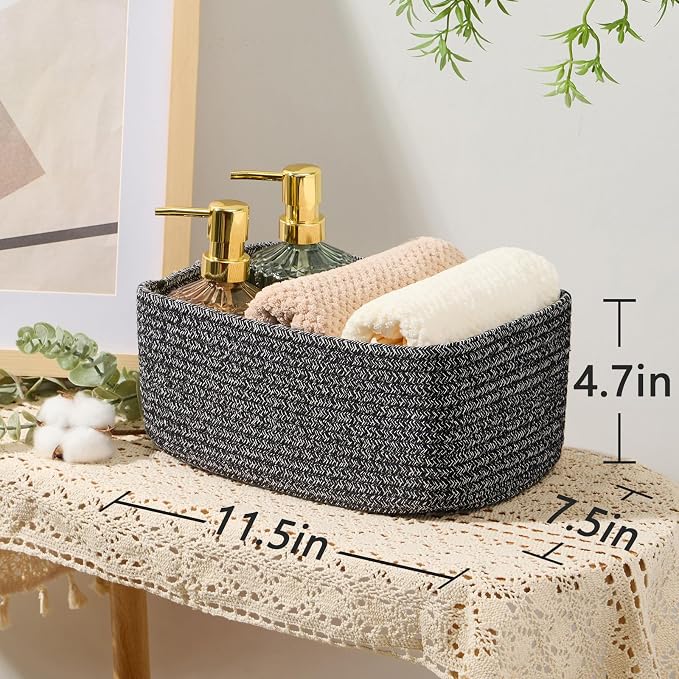MiniArk Small Storage Baskets for Organizing | Closet Organizer Bins | Shelf Toy Basket | Woven Rope Baskets | Cube Decorative Box | Shallow Basket | 11.5x7.5x4.7” | 4 Packs Dark Gray