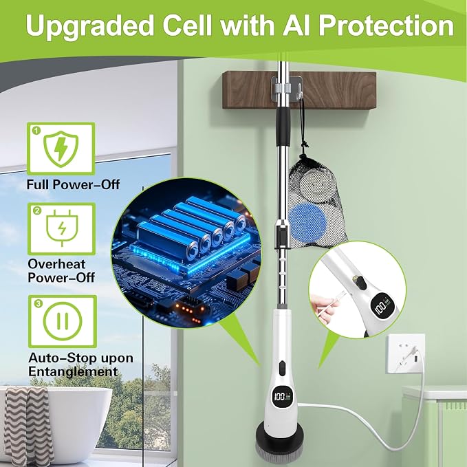 WKY-Electric Spin Scrubber - 10-in-1 Cordless Shower Scrubber & Cleaning Brush with Extendable Handle, 42 in-lbs Ultra High Torque, 2 Speeds, IPX7, LED Display, Smart AI Chip, for Bathroom, Kitchen