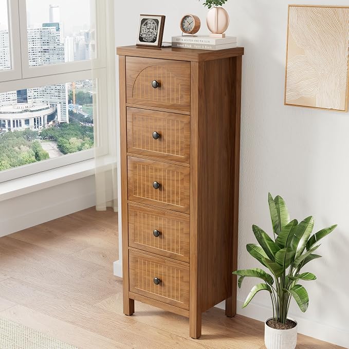 Lxsxlome 5 Drawer Dresser for Bedroom,Modern 44.68'' Tall Wood Chest of Drawers, Storage Organizer with Fluted Panel & Anti-Tip Kit for Closet, Hallway, Living Room,Nursery (Walnut, 5 Drawers)