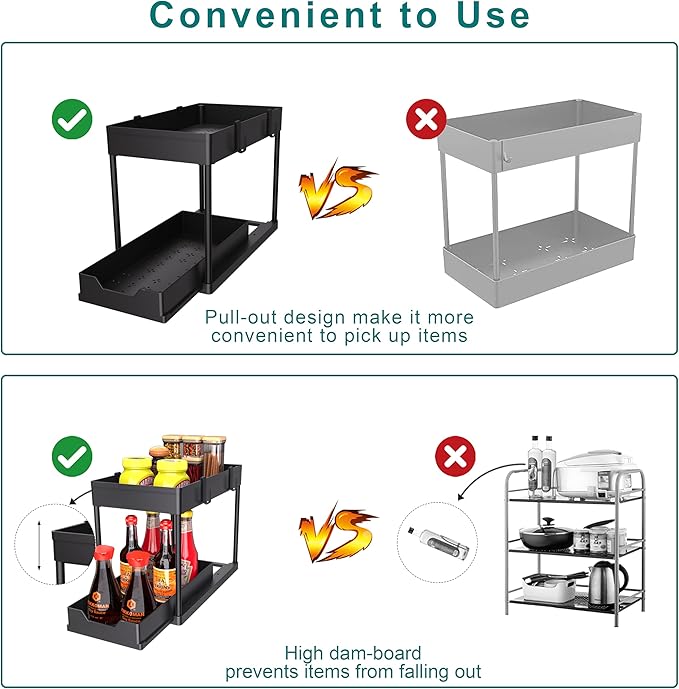 MEAFBIRD 2 Pack Under Sink Organizer, 2 Tier Bathroom Cabinet Organizer with Sliding Basket, Multi-Purpose Under Sink Organizers and Storage for Bathroom Kitchen (Black 2 Pack)