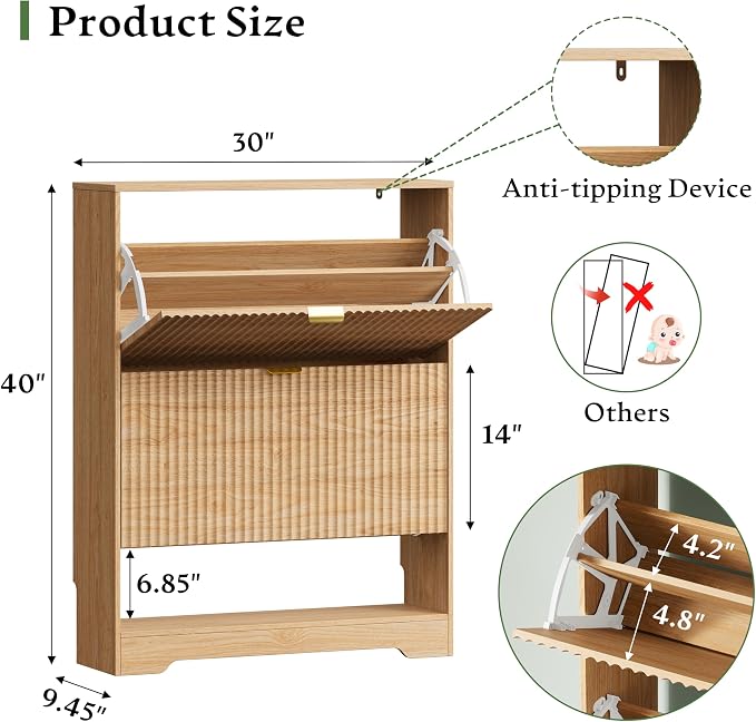 Xixini Shoe Storage Cabinet for Entryway with 2 Flip Drawers, Hidden Slim Wood Shoe Organizer with Modern Fluted Panel, Freestanding Narrow Shoe Rack for Front Door Entrance, Hallway, Foyer, Oak