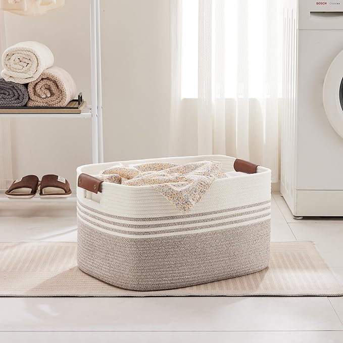 72L Large Woven Laundry Basket Hamper with Leather Handles,Brown | 22"x17"x12", collapsible wicker hamper, storage for dirty clothes, toys, blankets, gifts, living room, bedroom, bathroom