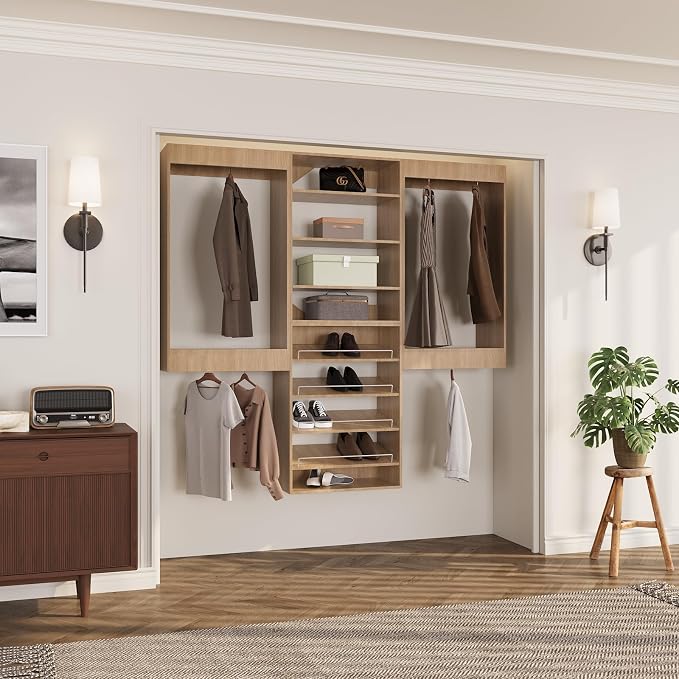 ROOMTEC Modular Closet System, 72" Wall Mounted Closet Organizer with Hanging Rods and Shoe Shelf, Wooden Tower for Walk-In Closets, Wardrobe Storage Kit, Wood