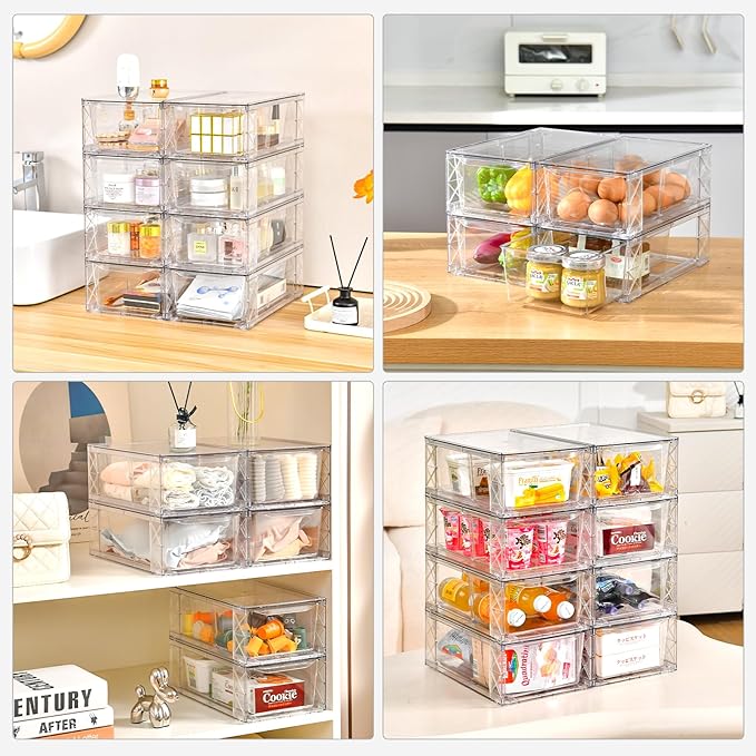 Clemate 4Pack Clear Stackable Kitchen Storage Organizer,Pantry Organizers and Storage,Foods Organizer Bins with Handles, Easily Assemble for Bathroom, Kitchen, Refrigerator, Pantry, Cabinet, Closet