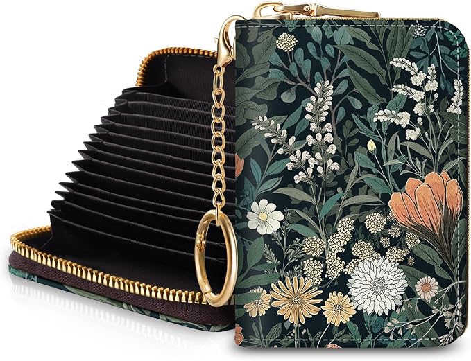Blusabaca RFID Credit Card Holder Small Women Travel Wallet, Wildflowers | Removable Keychain, Case with Zipper, Vegan PU Leather, Cash Coin Pocket, Business Accordion Purse, Ladies Female Gift
