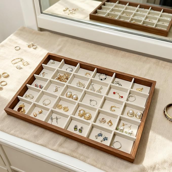 Large Jewelry Trays for Drawers Stackable Velvet Jewelry Display for Vendors Jewelry Drawer Organizer Inserts for Rings Necklace Bracelets Earrings and Studs Earrings (Beige, 30 Grid)