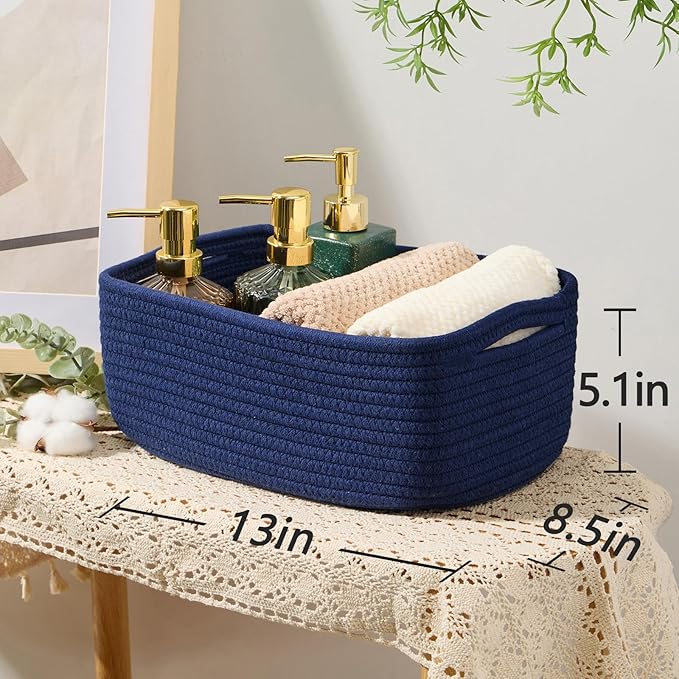 MiniArk Small Storage Baskets for Organizing | Closet Organizer Bins | Shelf Toy Basket | Woven Rope Baskets | Cube Decorative Box | Shallow Basket | 13x8.5x5.1” | 4 Packs Navy Blue