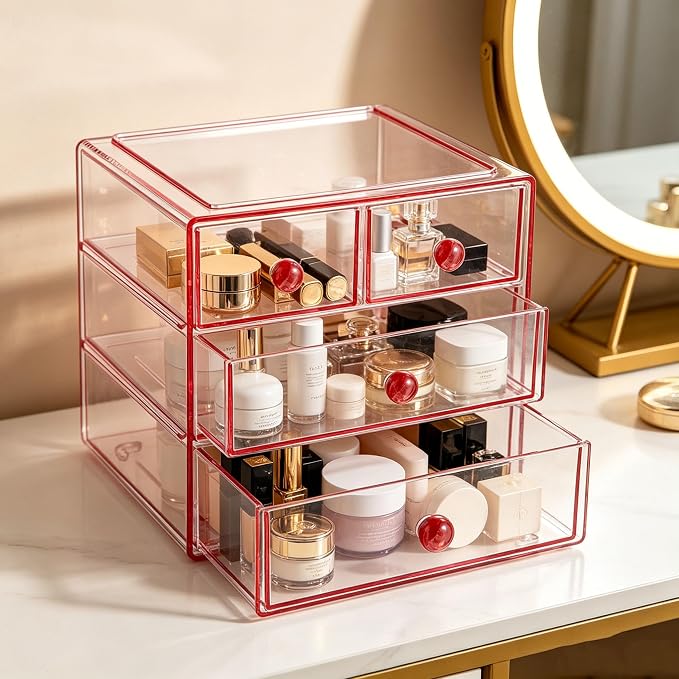AJIODA Makeup Drawer Organizer Box with 3 Drawers, Acrylic Cosmetic Display Case Vanity Organizer Jewelry Storage Box Stackable Storage for Cosmetics, Skin Care, Bathroom, Countertop, Pink