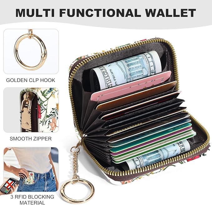 Credit Card Holder for Women,Small Rfid Wallet with Keychain Zipper,Cute PU Leather Card Case Wallet，Accordion Credit Card Wallets Gift,Red and Yellow Flower C