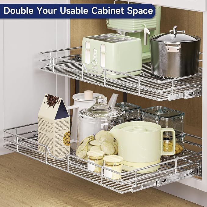 2-Tier Pull Out Cabinet Organizer, 30" W x 21.5" D, Heavy Duty Dual Slide Out Shelves for Wide Base Cabinets, Chrome Wire Basket Drawer for Pots, Pans, Pantry & Cleaning Supplies