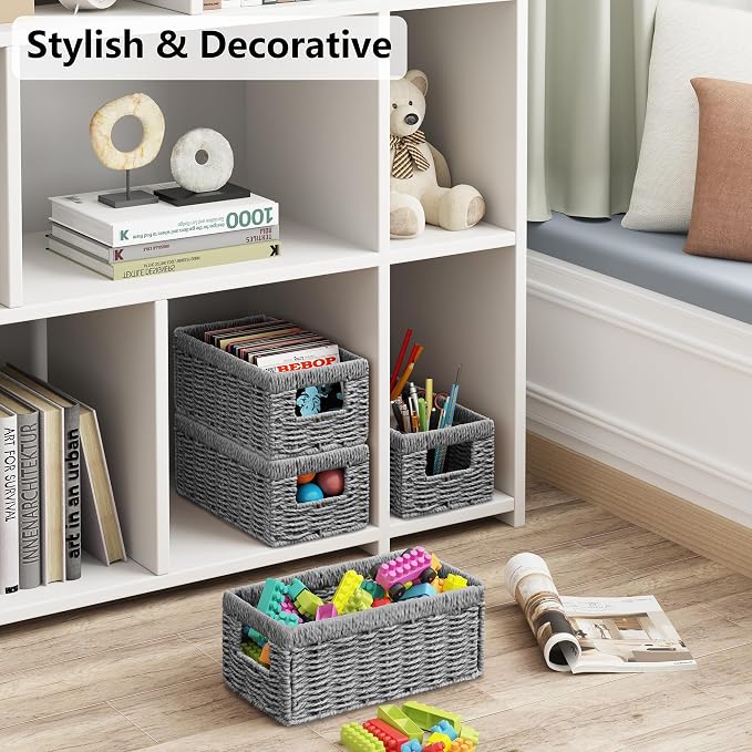 Vagusicc Wicker Storage Basket, Set of 2 Hand Woven Wicker Baskets for Organizing with Handles, Decorative Small Storage Bins for Countertop Toilet Paper Basket for Toilet Tank Top Shelves, Grey