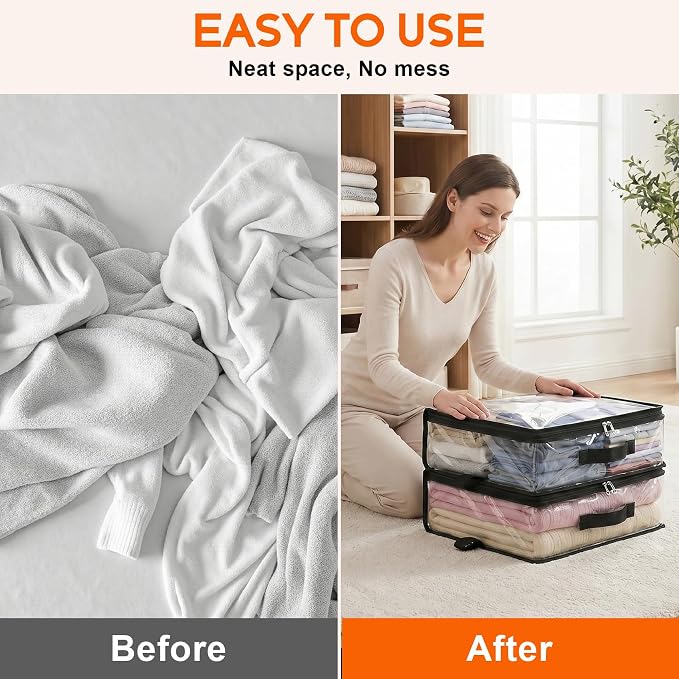 5 Pack Clear Storage Bags with Zipper Handles, Sheet Organizers and Storage | PVC Blanket Storage Bags, Foldable Under Bed Organizer for Baby Clothes Shoes Sweater Toy Bedding Sheet, 15.7x13.8x3.9’’