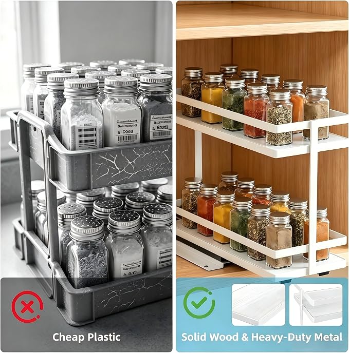 Pull Out Spice Rack 2-Tier Metal & Wood Seasoning Organizer White | No-Drill Install | Full-Extension Silent Glide | Each Tier Holds 10–12 Standard Spice Bottles | Rustproof, Wipe-Clean Surface