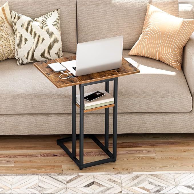 HOOBRO Foldable C Shaped End Table, C Shaped Side Table with Storage Shelf, Small Snack Table, Slide Under Couch Table for Sofa, Living Room Bedroom Small Spaces Easy Assembly, Rustic Brown BF29SF01