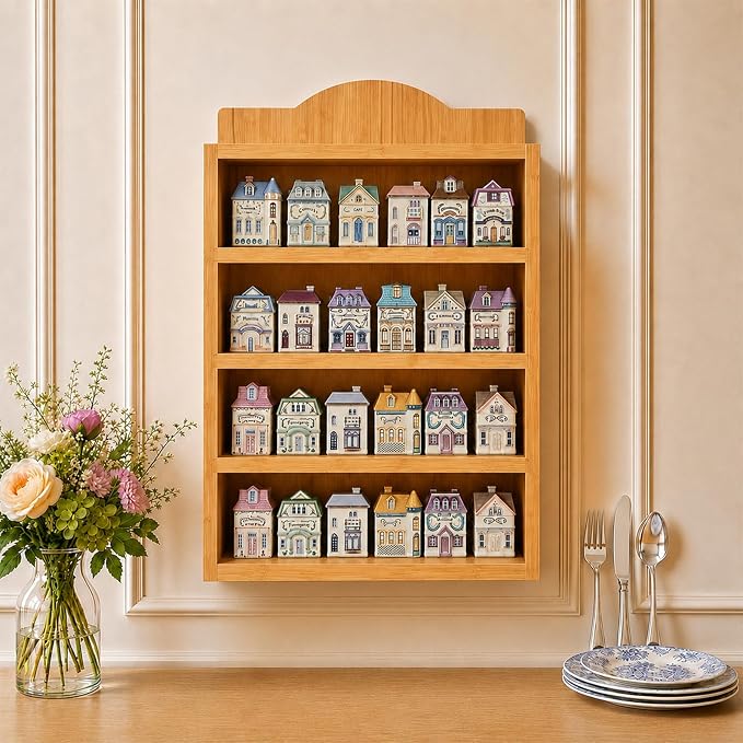 Farmhouse Spice Rack Wall Mounted, 4 Tier Wooden Spice Organizer Shelf for 24 House-Shaped Jars, Natural Wood Decorative Kitchen Shelf