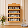 Farmhouse Spice Rack Wall Mounted, 4 Tier Wooden Spice Organizer Shelf for 24 House-Shaped Jars, Natural Wood Decorative Kitchen Shelf