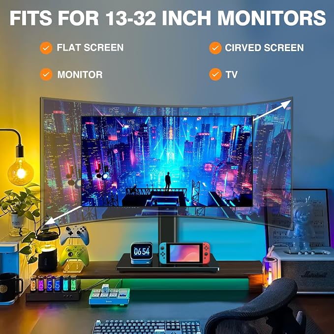 TAVR Furniture Single Monitor Stand VESA Mount for 13-32 Inch Screens | Free-Standing Monitor Riser with Swivel Tilt Rotation Height Adjustable, Universal Desk Stand up to 44lbs, Black