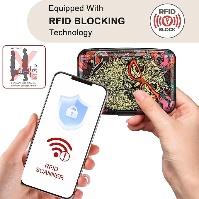 ELFISH Mini RFID Aluminum Wallet Credit Cards Holder Business Card Case Metal ID Case for Men Women(Cute Owl)