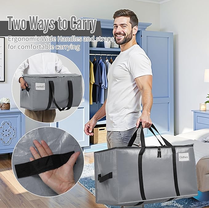 BAGAIL Heavy Duty Moving Bags with Strong Handle, Extra Large Moving Boxes, Storage Tote for Clothes, College Moving Supplies(Grey, 4 Pack)