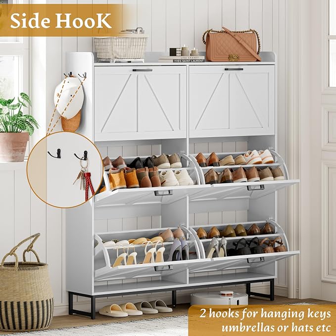 Wodeer Shoe Cabinet Storage for Entryway, Shoe Storage Cabinet with 6 Flip Drawers, Freestanding Narrow Shoe Rack Organizer with Metal Legs, Adjustable Shelves & Open Storage for Foyer, Hallway, White