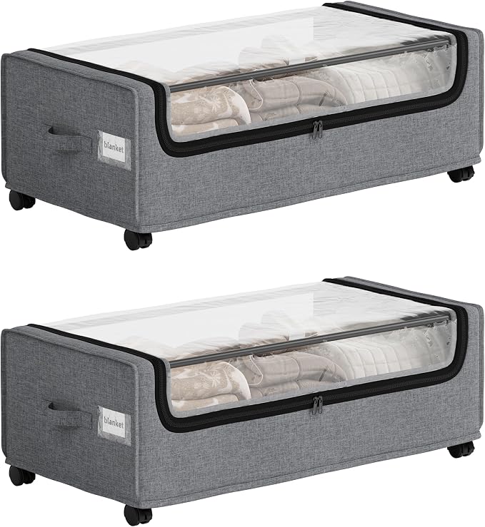 Under Bed Storage With Wheels, Tall Under The Bed Storage, Underbed Storage Containers With Lids, Metal Frame, 90L Capacity, Large Size