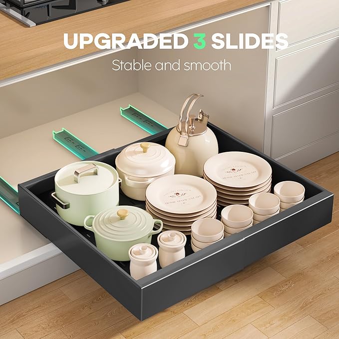 Seinloes 6 Pack Pull out Cabinet Organizer 21"Deep with Raising Pad for Framed Cabinets, Expandable Slide out Drawers for Kitchen Cabinets with 6pcs Divider Racks, Roll out Shelves 12.1"-20.4" W Black