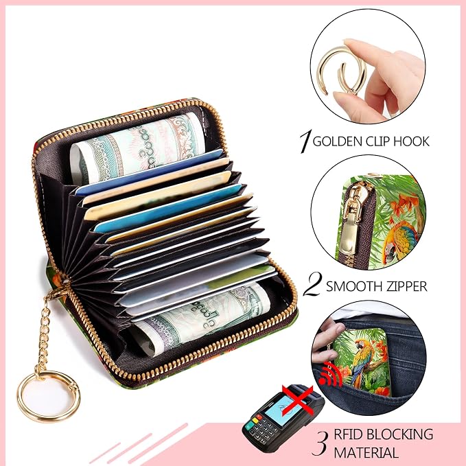 Blusabaca RFID Credit Card Holder Small Women Travel Wallet, Parrot Bird | Removable Keychain, Case with Zipper, Vegan PU Leather, Cash Coin Pocket, Business Accordion Purse, Ladies Female Gift