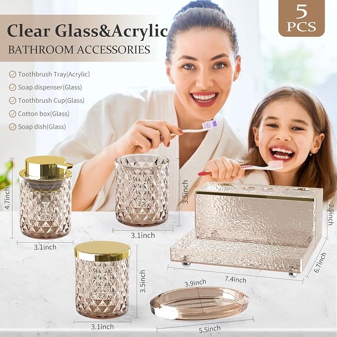 Glass Bathroom Accessories Set 5Pcs Crystal - Brown Foaming Soap Dispenser, Soap Dish, Cup, Acrylic Toothbrush Holder with Tray Organizer, Cotton Swab Jar, Bathroom Counter Set Sink Decor