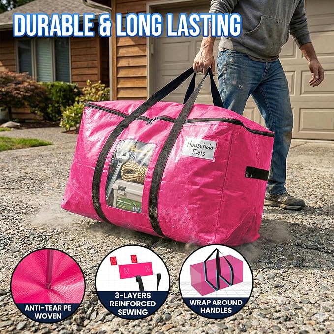 TAILI 6 Pack Pink Extra Large Moving Bags, Heavy Duty Totes with Visible Window, Wrap Around Handles, Space-Saving Storage Solution, Alternative to Moving Boxes