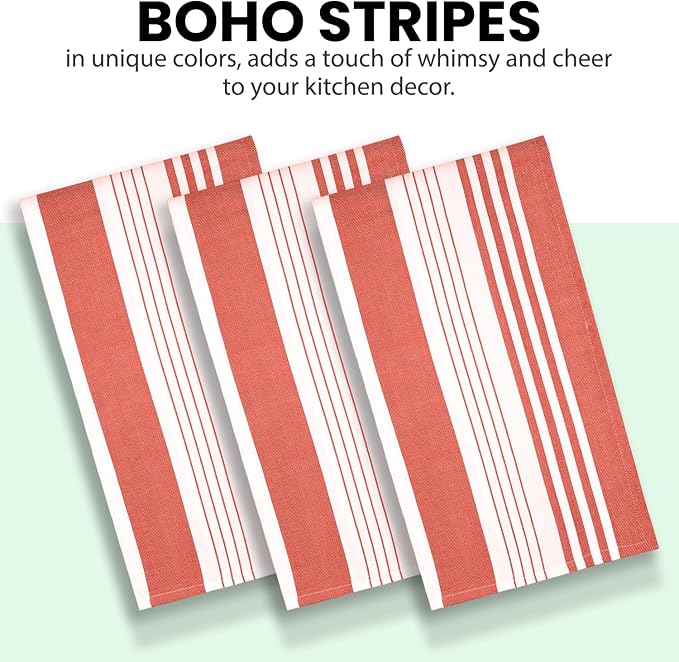 Stripe Kitchen Towels Decor Mordern Design Centreband Tea Dish Towels Boho Stripe Absorbent Festive Gift Set of 3 Pantry Reusable Kitchen Dish Towel|Easter Spring Decor 18x28 Inch Coral