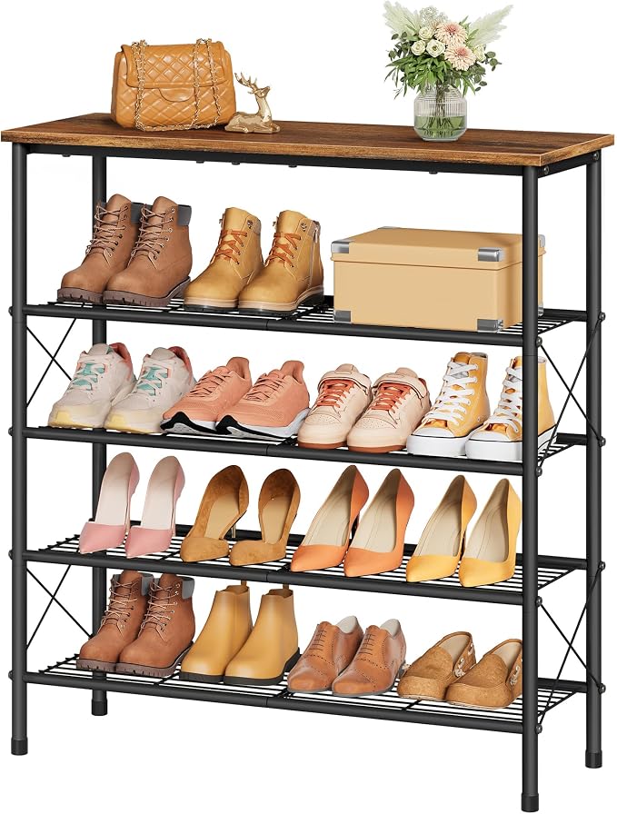 Tajsoon 5 Tier Shoe Rack Organizer for 16-20 Pairs of Shoes, Metal Mesh Shoe Shelf for Closet, Industrial Shoe Rack for Entryway Shoe Storage with X Shape Fixed Frame, Rustic Brown & Black