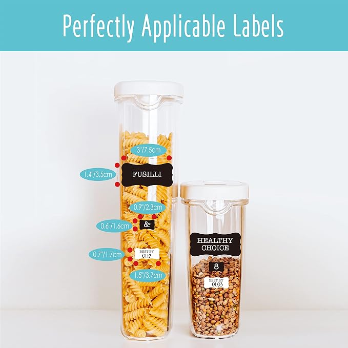 Hebayy 308 Pantry Food Labels, 280 Preprinted Flour Pasta Lentil Grain Condiment Oil Stickers, 28 Blank Ones, Waterproof Oil&Tear Resistant, No Residue for Kitchen Containers Jars(White on Black)