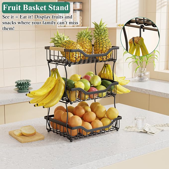 OKZEST 3-Tier Fruit Basket Fits Under Standard Upper Cabinet, 17.2" Tall | 2-In-1 Wall Mount & Countertop. Stackable Kitchen Organizer with Banana Hanger, Hold Potato, Onion, Bread, Snack, Can, Veggie