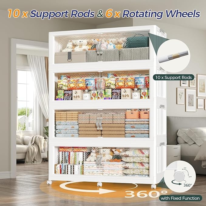 180Gal/720QT 3-Tiers Extra Large Stackable Storage Bins with Lid, Collapsible Cabinet Closet Organizer Plastic Container Box with Wheels Doors Drawers for Office Dorm Kitchen Office, White