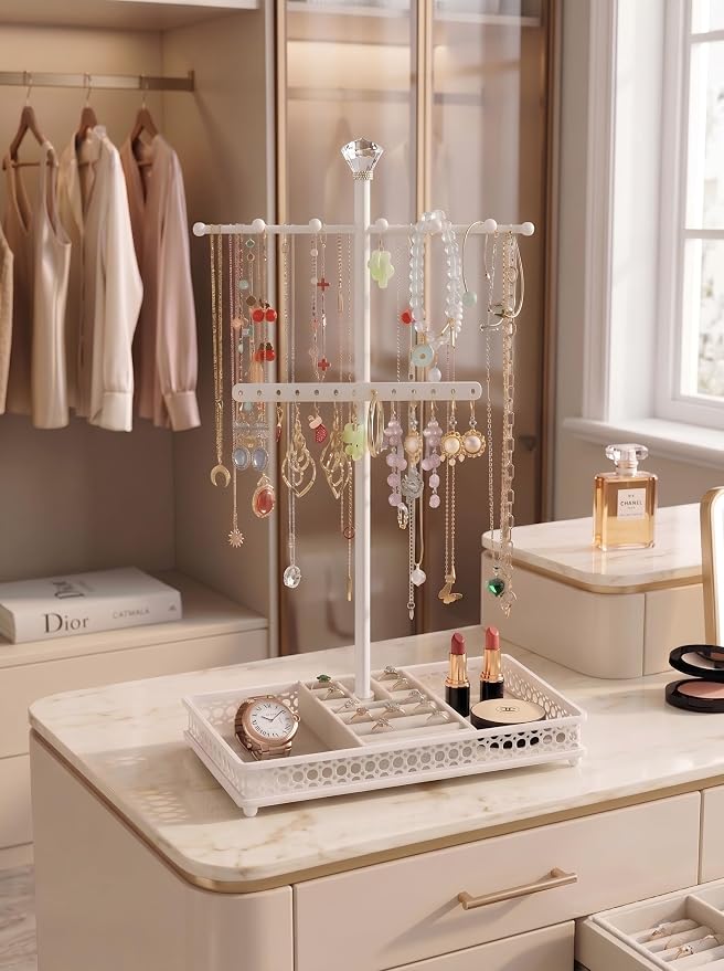 Meangood Jewelry Organizer Stand, 15.6" H Jewelry Tree Display Holder Stand for Bracelets Necklaces Earrings Rings, Gift for Women Girls (White)