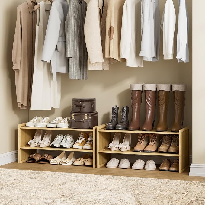 2 Tier Bamboo Shoe Rack, Compact Wood Shelf for Closet | Fits small corners. 6.7in height holds sneakers & heels. Multi-use for entryway, bathroom, kitchen.