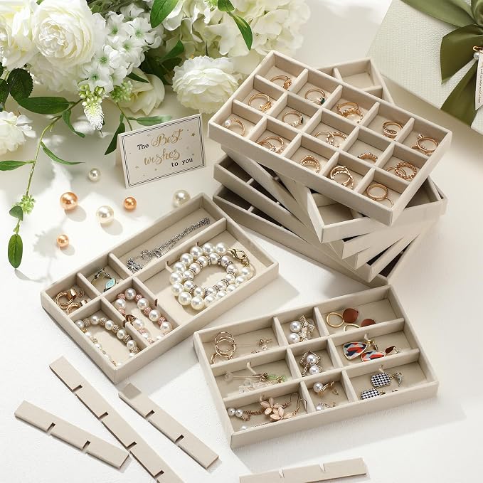 Highergo 8 Pcs Velvet Jewelry Trays Stackable Drawers Organizer Ring Earring Bracelet Necklace Storage Trays, 8.3x4.7x1''(15 Grids)