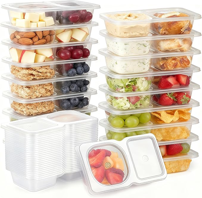 Pure Future 30-Pack Reusable Snack Containers with Lids, 2-Compartment Snackle Box Container for Meal Prep, Portion Control Snack Pack for Office, Travel & Gym, Microwave Safe