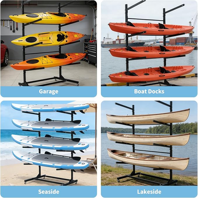 Freestanding Kayak Storage Rack with Wheels, Adjustable Kayak Racks for Garage and Outdoor, Heavy Duty Kayak Stands for Canoes, Kayaks, SUP and Surfboards